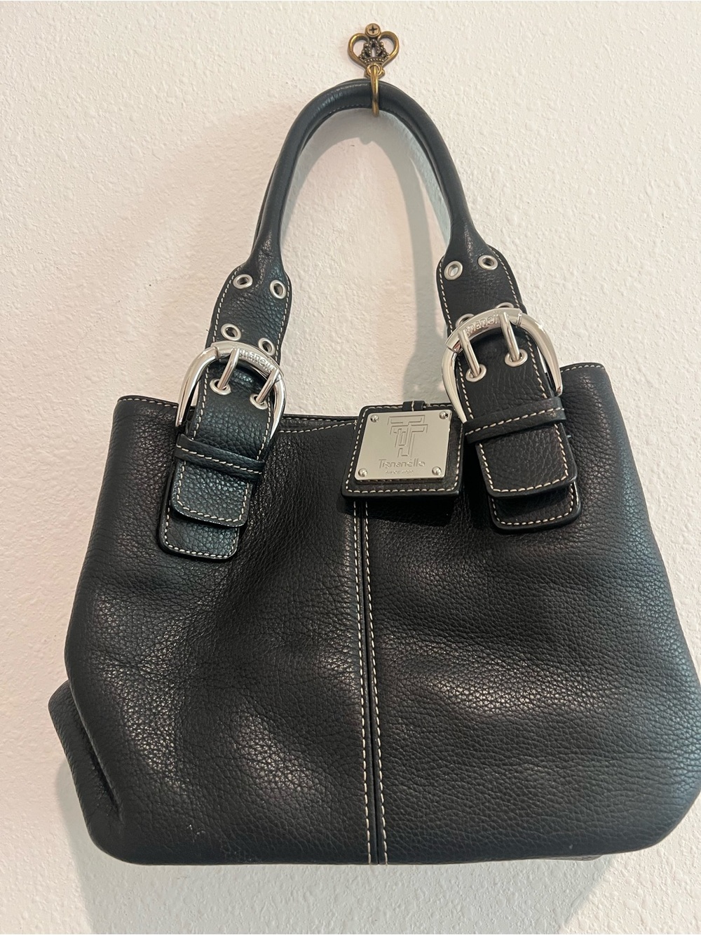Tignanello Black Pebbled Leather Tote with Silver Hardware